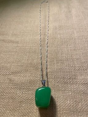 White Gold Plated Necklace with Green Stone Pendant 16”